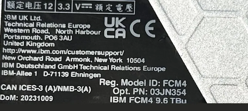 Close-up of an IBM FlashCore Module label with the capacity line
